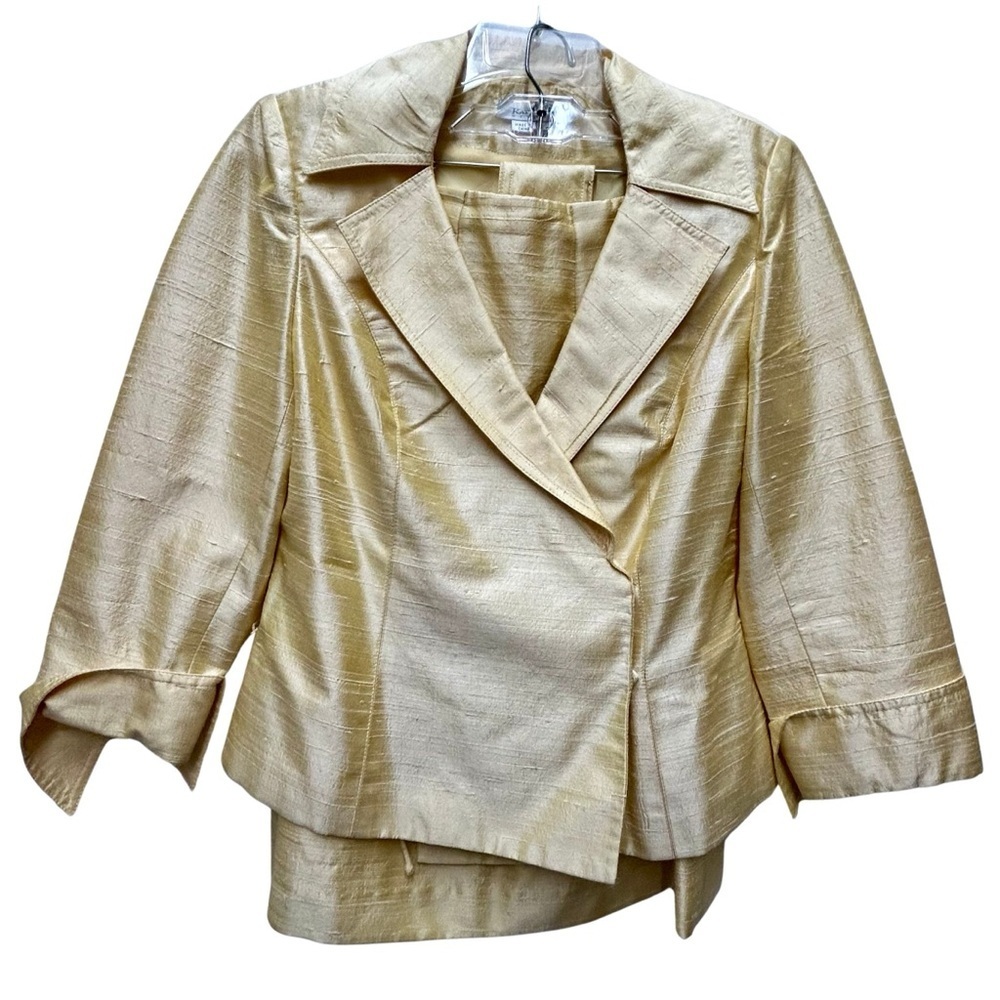 Kay Unger New York 100% Silk Skirt Suit Set Size 8 Gold Yellow 3-Piece